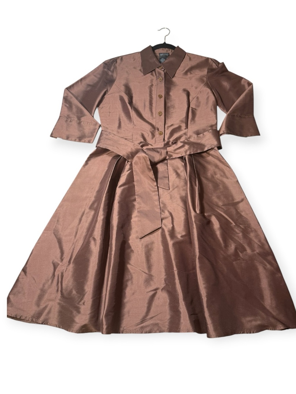 R&M Richards Satin Shirt Dress in Chocolate Brown